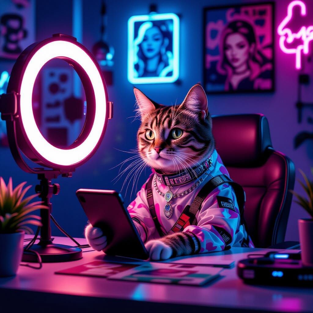 Cyberpunk Cat Records Video with Ring Light and Memes