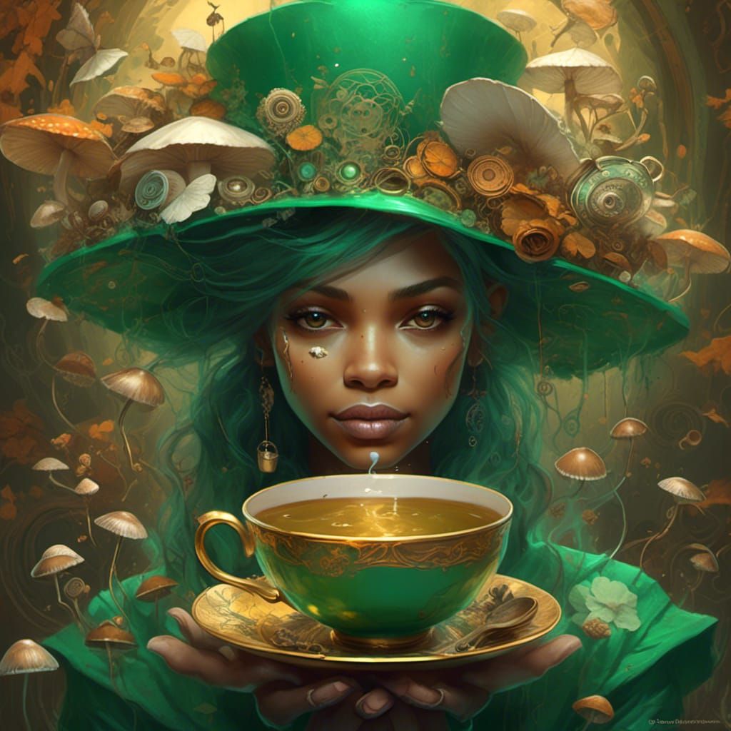 Mushroom Lady in Teacup: Hyperrealistic Digital Portrait