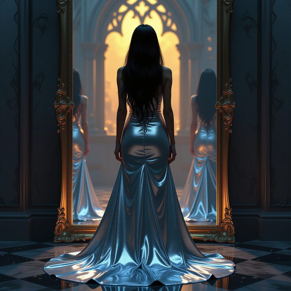 Dark Fantasy Girl in Silver Dress Before Mirror