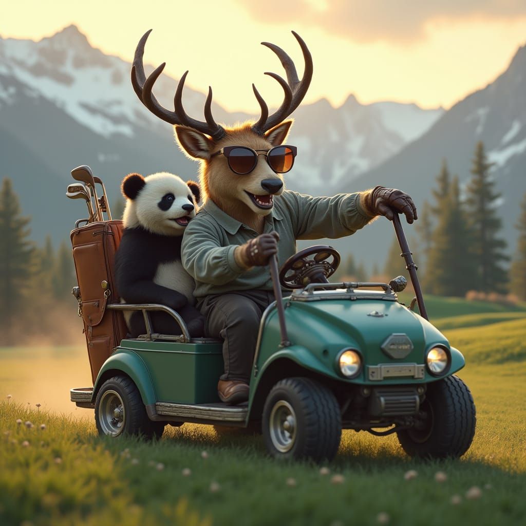 Anthropomorphic Animals Race Golf Cart at Dusk