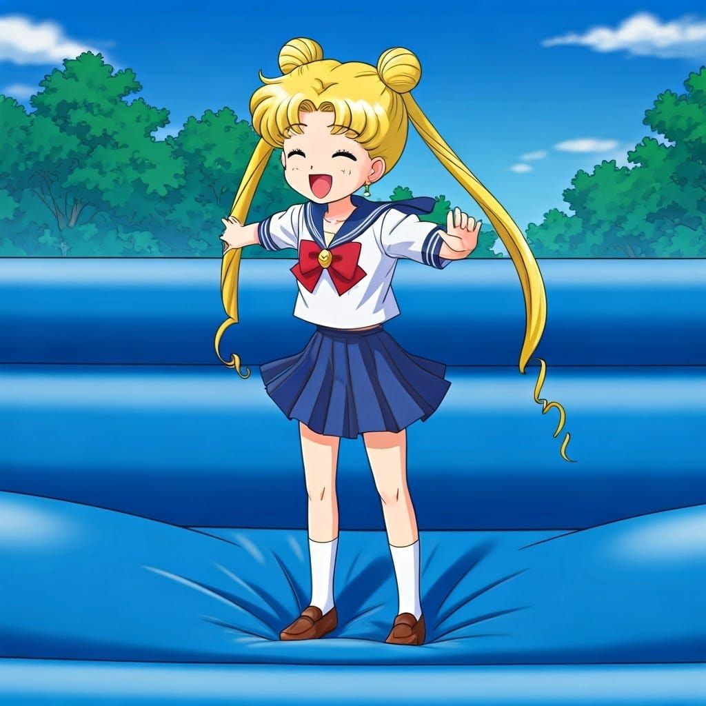 Usagi Sailor Moon Bounces on Blue Bouncy Castle in Sailor Mo...