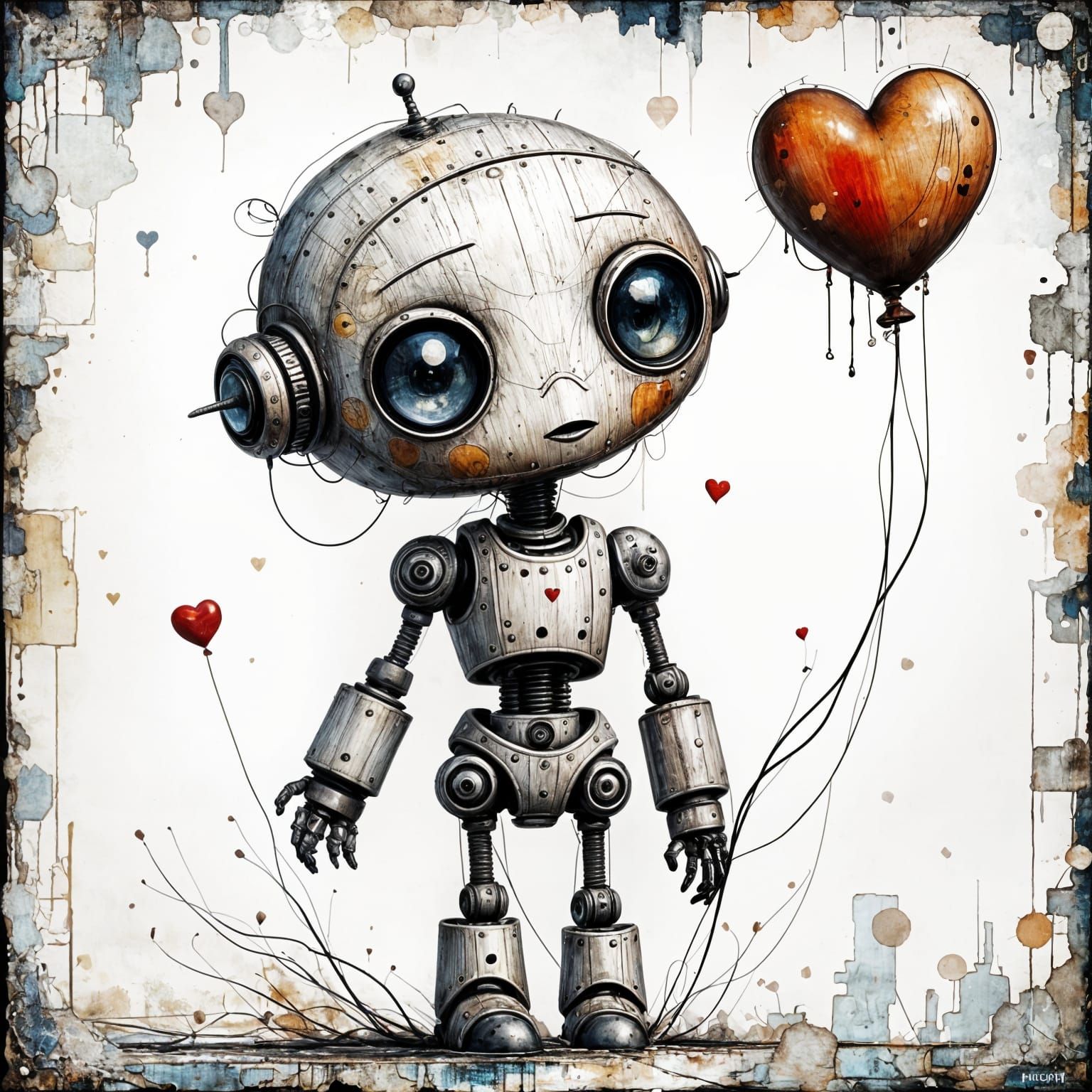Melancholic Robot with Heart Balloon in Distressed Style