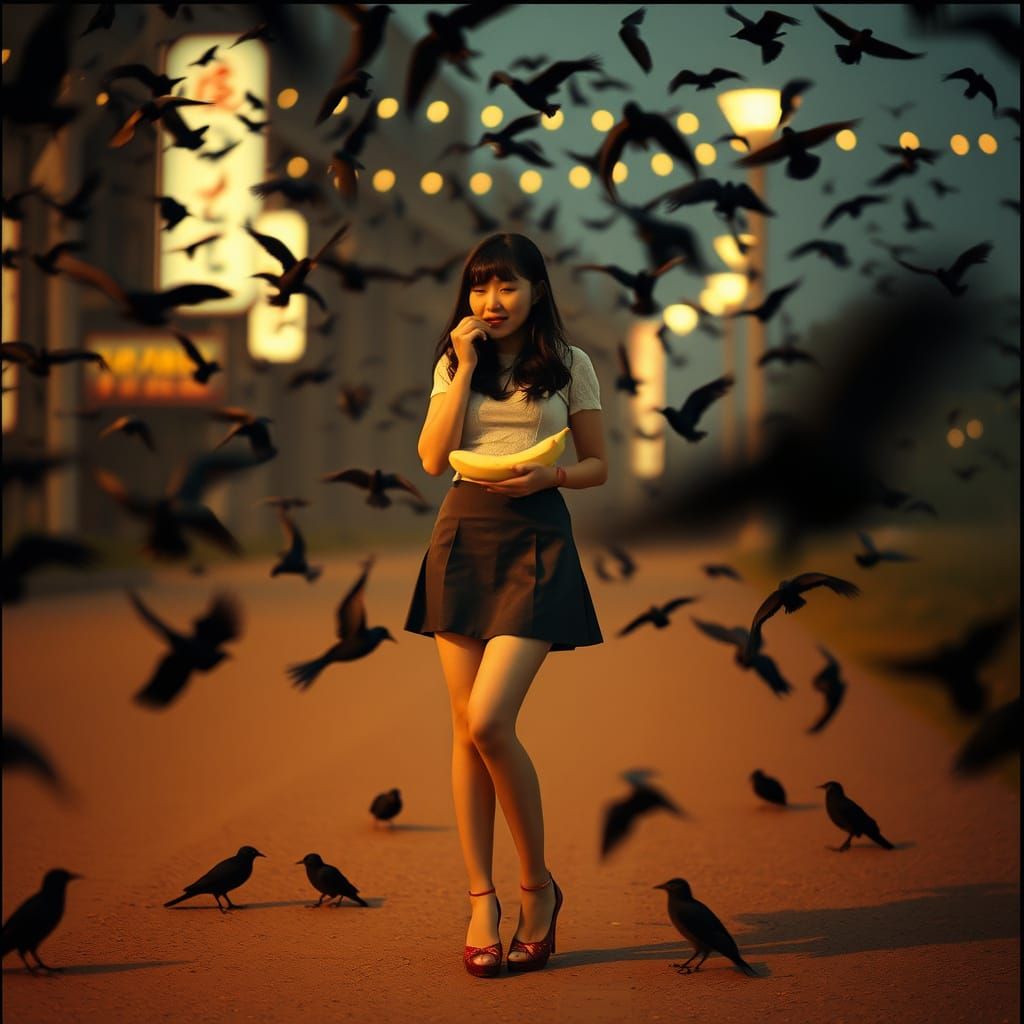 Asian Woman with Starlings: Cinematic Film Aesthetic