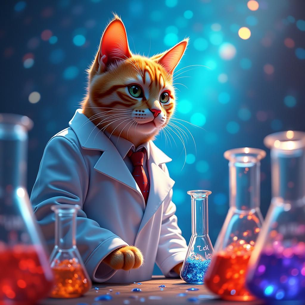 Orange Cat Mad Scientist in Splash Art Style
