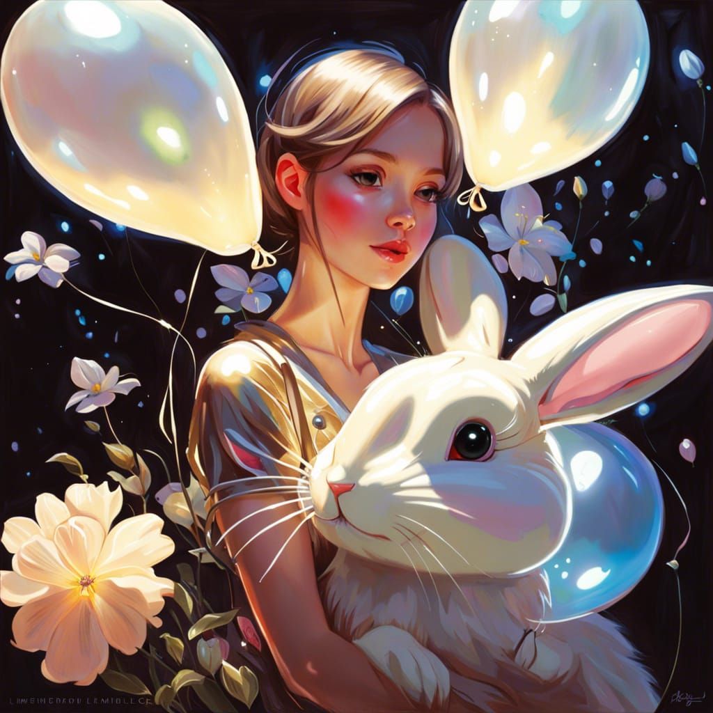 Sparkling Balloon Bunny with Luminous Flowers