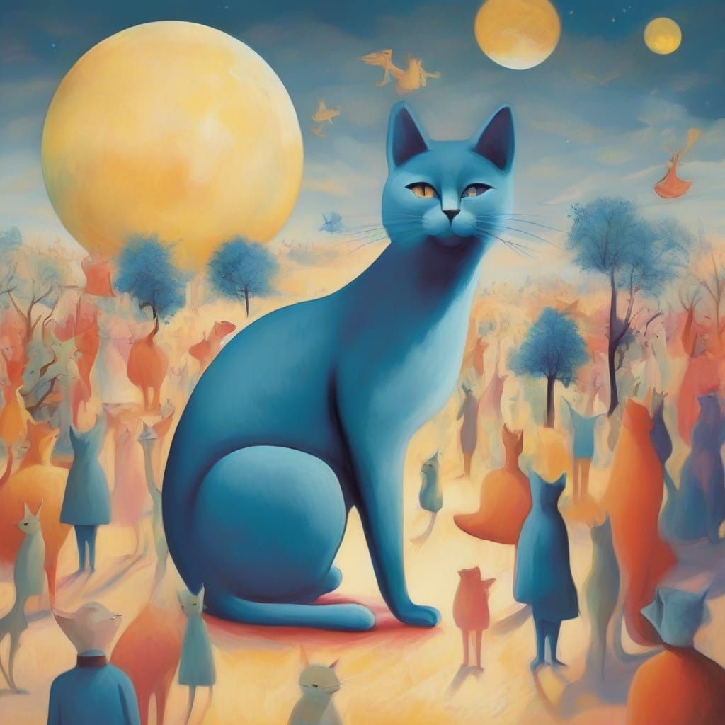 Surreal Magic Cat Admired by Crowd in Whimsical Style