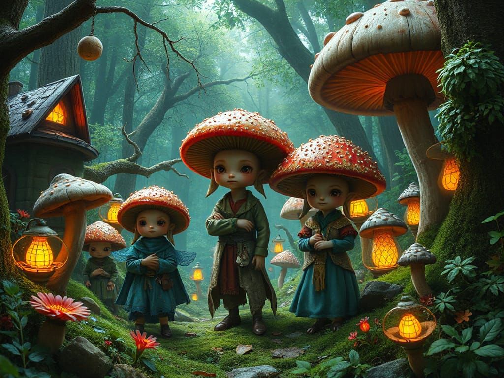Whimsical Mushroom Villagers in Enchanted Forest Fairy Villa...
