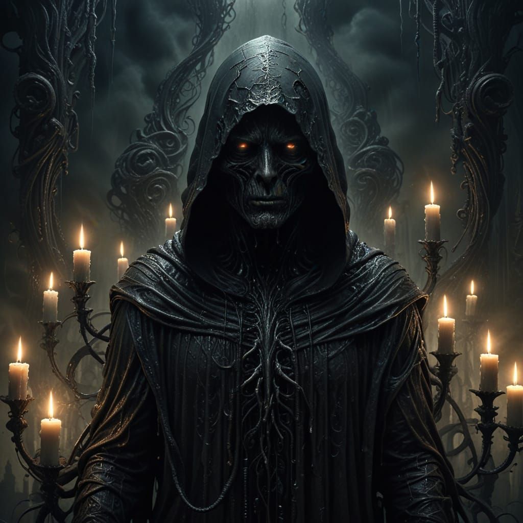 Dark Surrealist Figure Amidst Twisted Candles and Scrolls