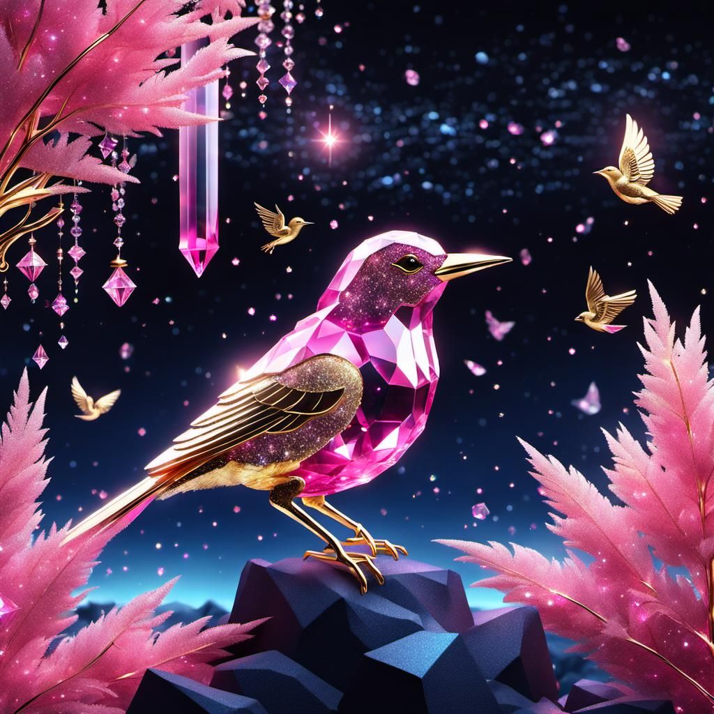 Cosmic Pink Crystal Bird in Dreamscape Odyssey