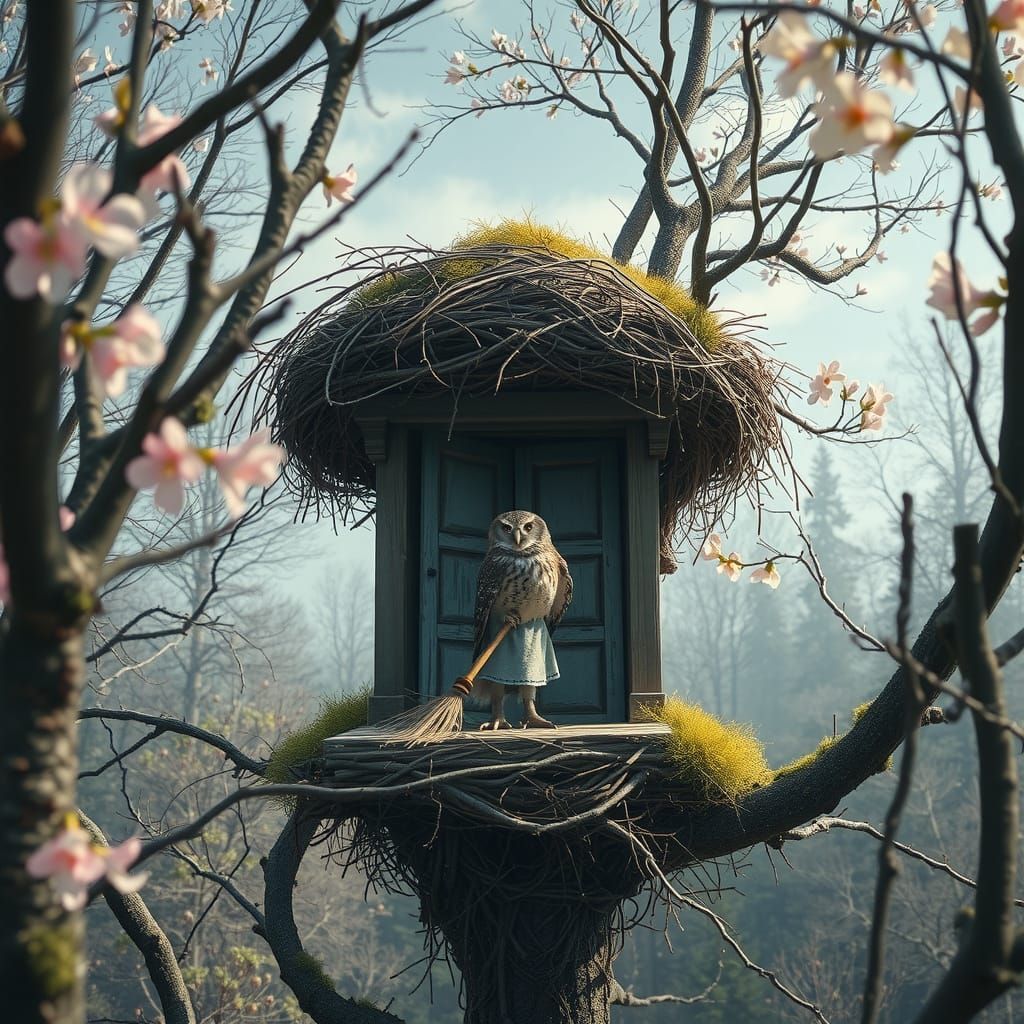 Dystopian Owl Sweeping Abandoned Nest in Spring