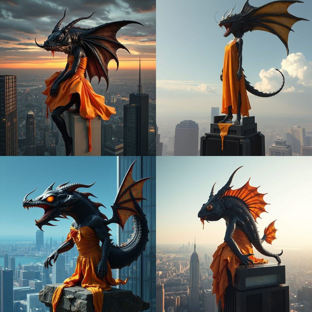 Human Dragon Fish Hybrid in Melting Dress on Skyscraper