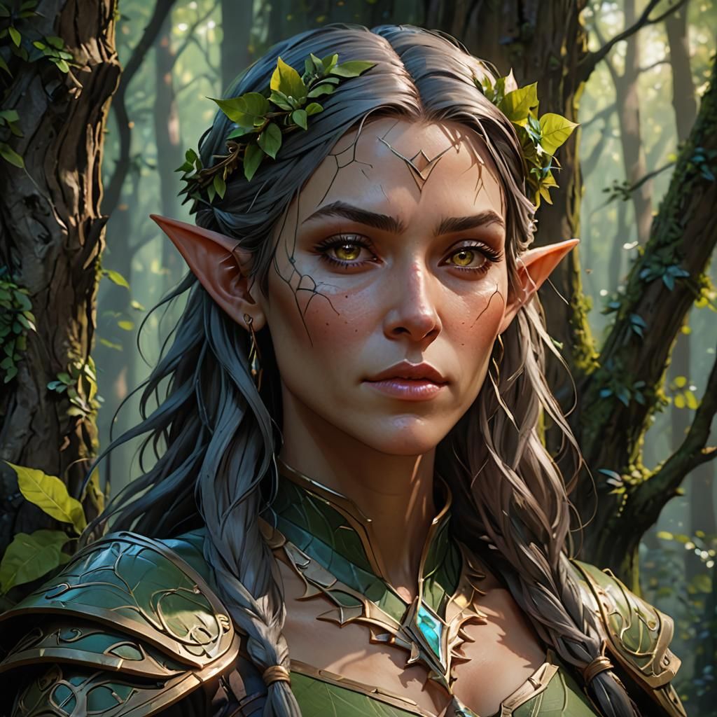 Wood Elf Warlock Portrait in Hyperdetailed Style