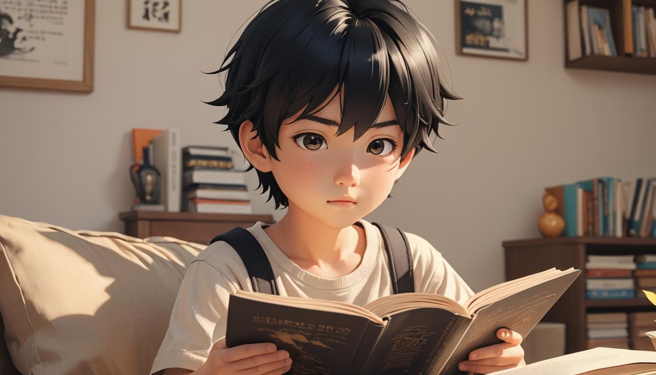 Anime Boy Reading Book in Golden Light