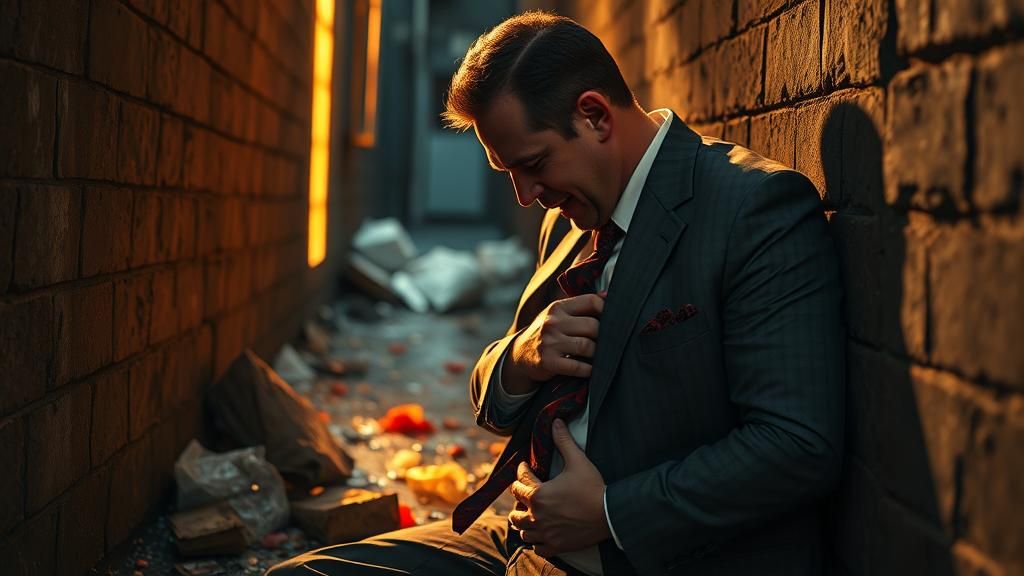 Man Vomiting in Alleyway, Hyperrealistic Photography