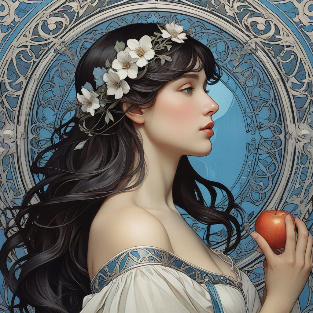 Art Nouveau Aphrodite Contemplates Apple, Painterly Style