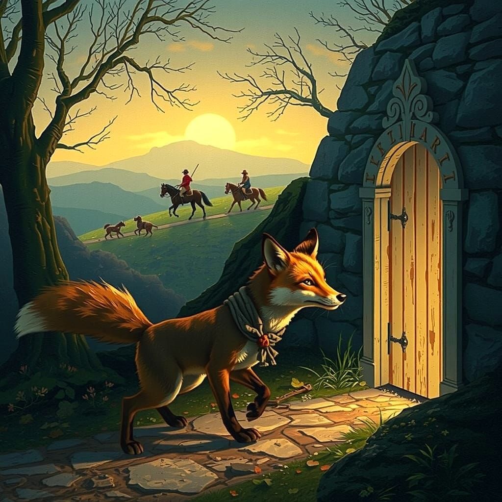 Fox Escapes Through Doorway in Rackham Style