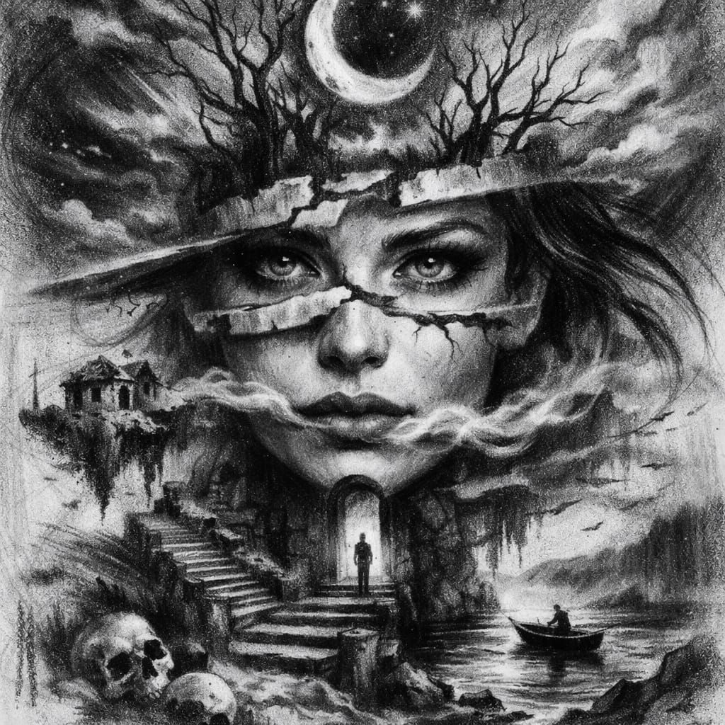 Surreal Black and White Charcoal Portrait