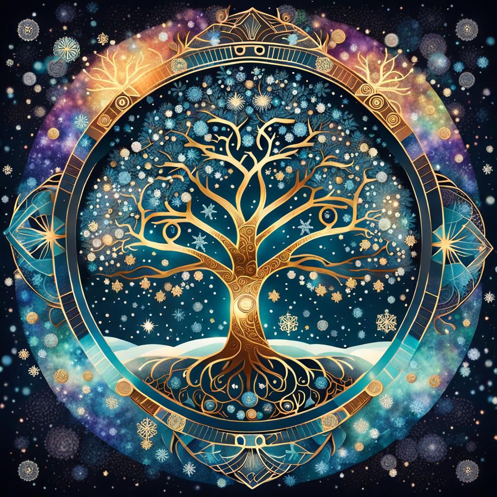 Cosmic Tree of Life with Snowflakes