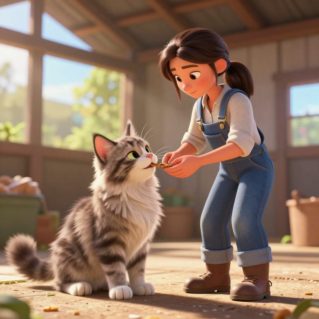 Farmer Feeds Giant Maine Coon Kitten in Sunny Barn