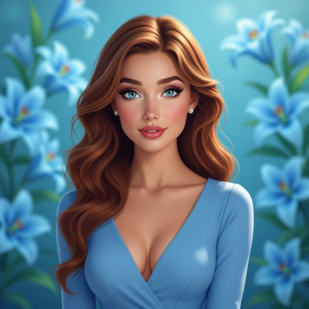 Glamorous Woman with Blue Lilies in 3D-UHD Style