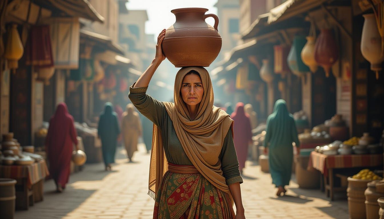 Weary Woman Carries Ghee in Bustling Market