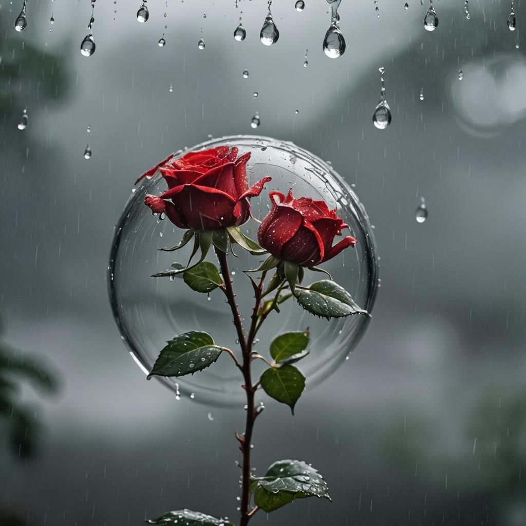 Red Rose Trapped in a Raindrop