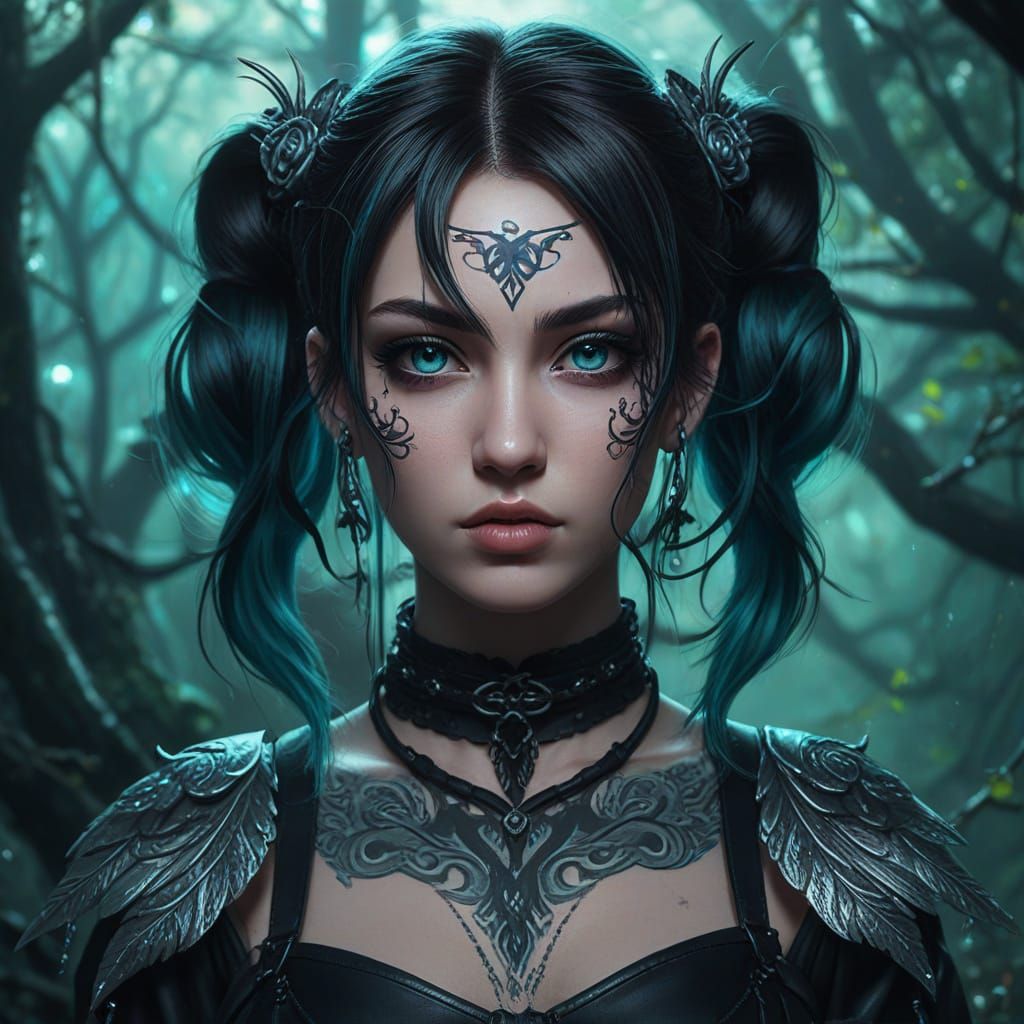 Anime Woman in Gothic Forest: Digital Illustration