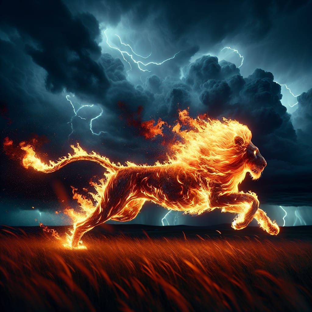 Fiery Lion Running Across the Savannah