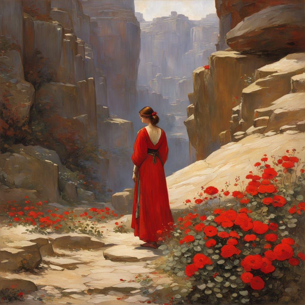 Red Flower Blooms in Rock, Classical Anime Style