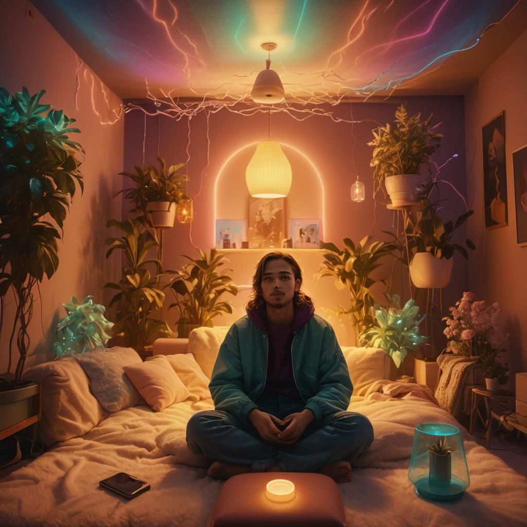 Calm Person in Neon Light: Digital Art