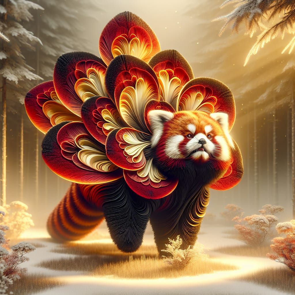 Red Panda Flower in Snowy Aurora Forest