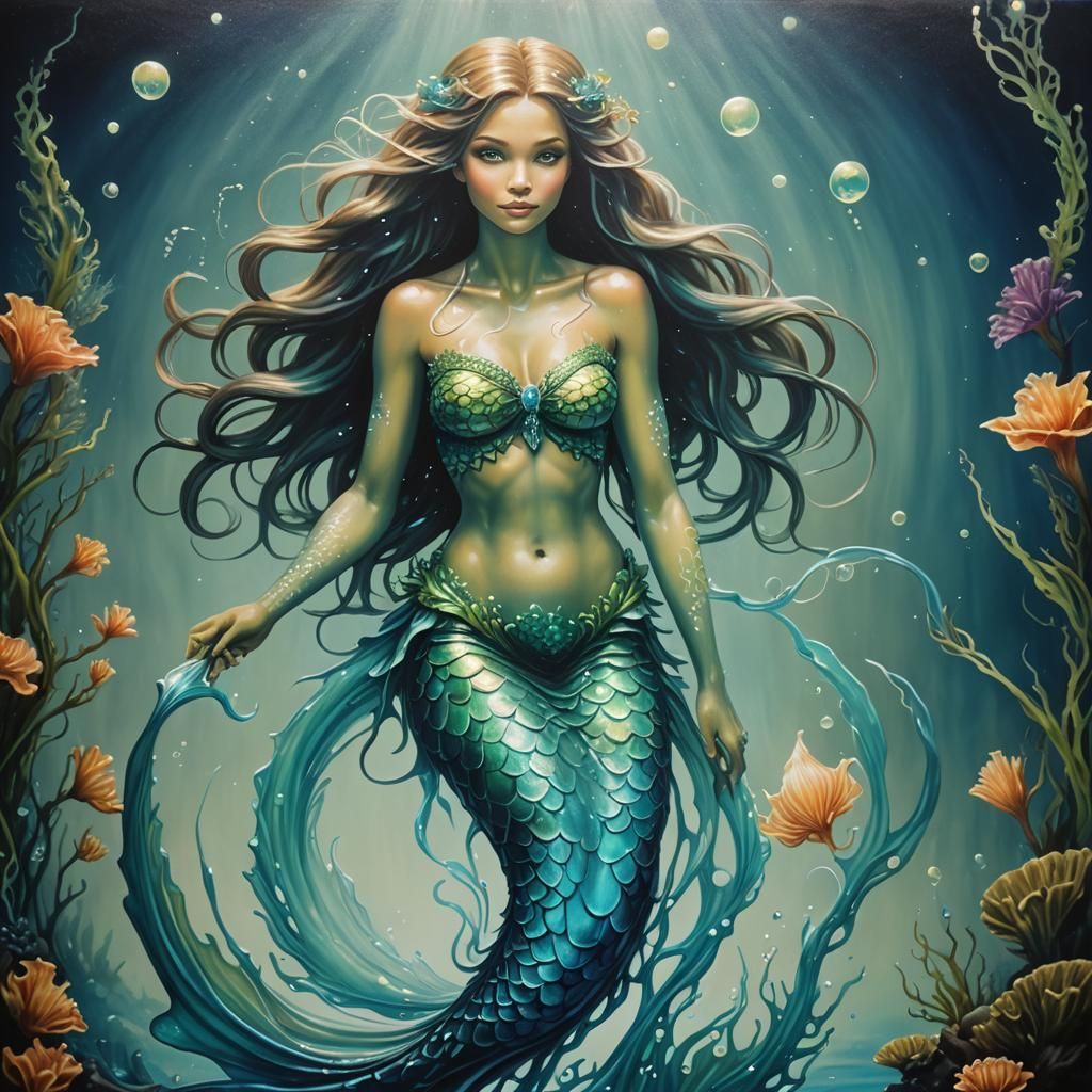 Bioluminescent Mermaid in Clean Oil Painting Style