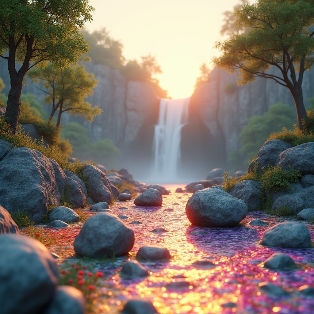 Dreamlike Landscape with Grey Stones and Vibrant Rocks