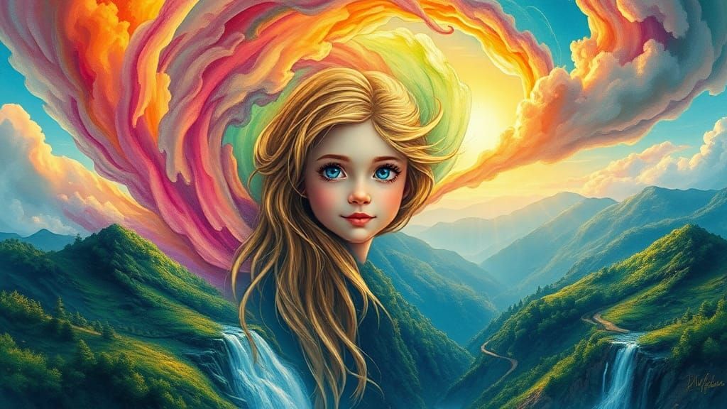 Whimsical Girl Emerging from Colorful Cloud Vortex