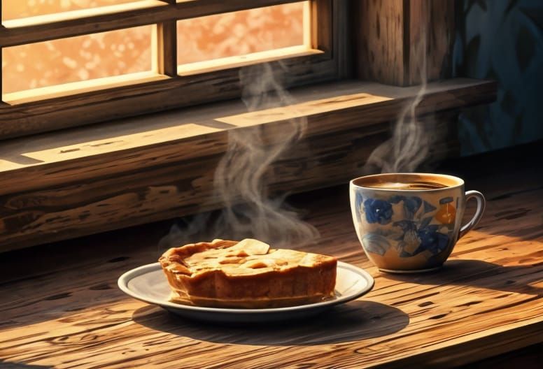 Hyperrealistic Coffee and Pie by the Window