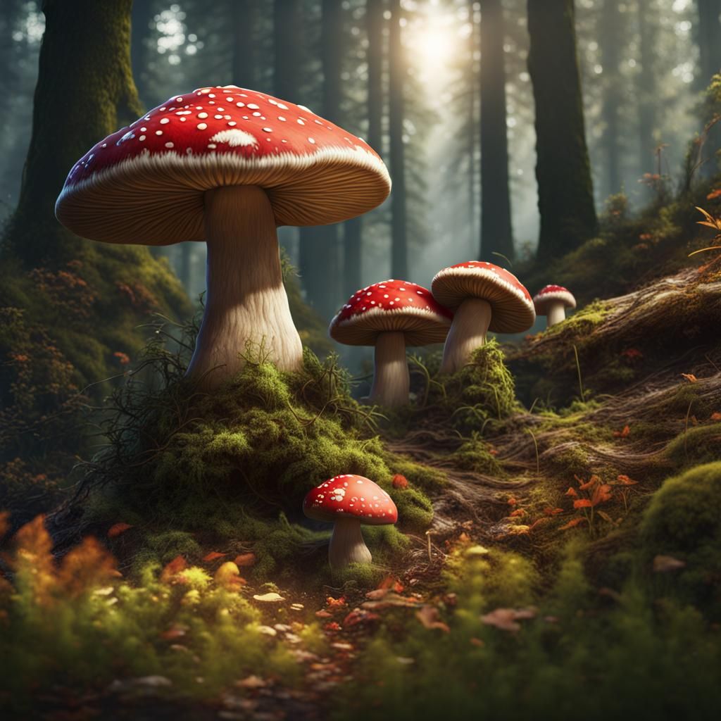 Enchanted Toadstools in Sunny Forest: Fantasy Art