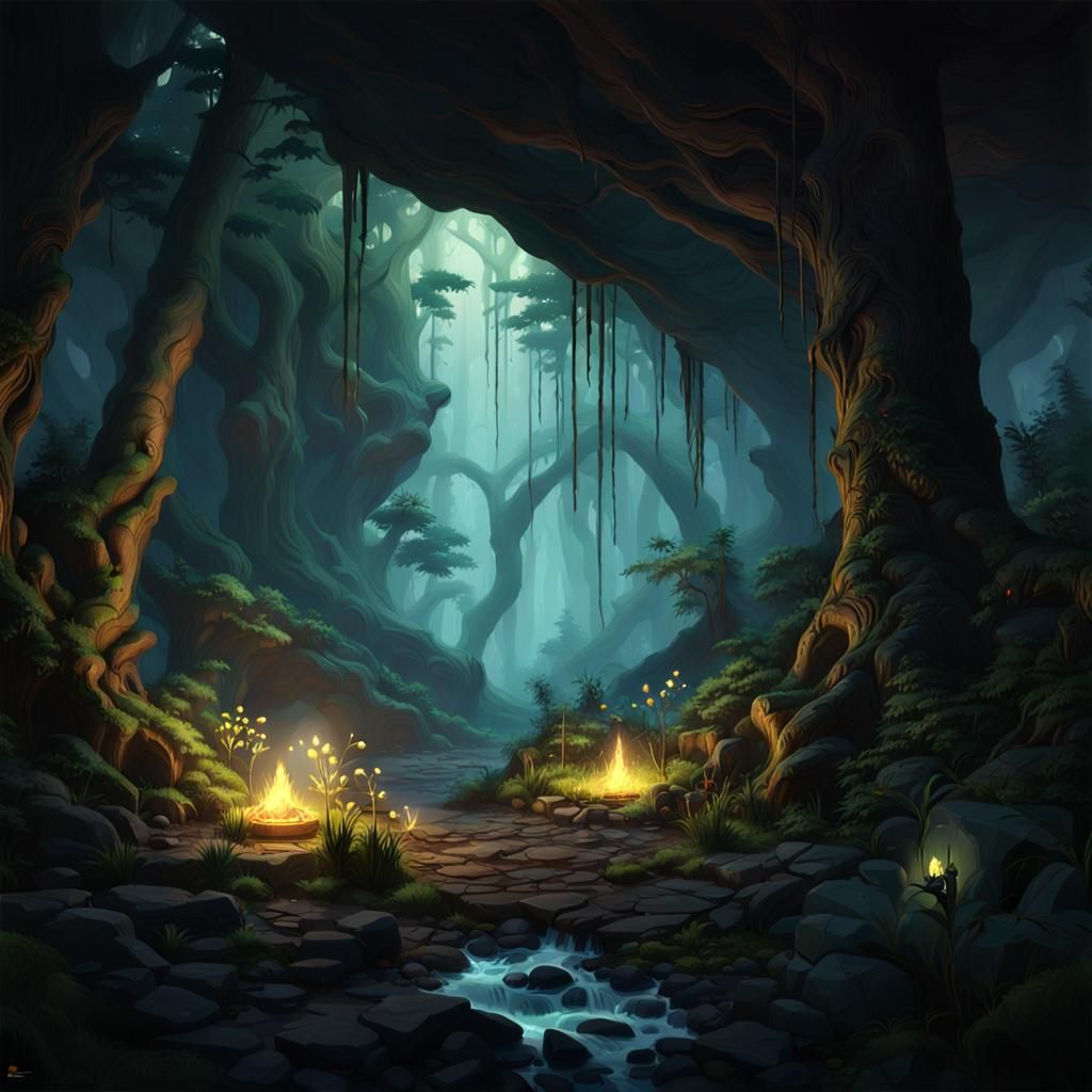 Cave View in Dark Forest with Fireflies