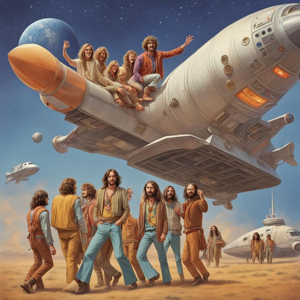 Hippies Ascending to Spaceship: A Sci-Fi Scene