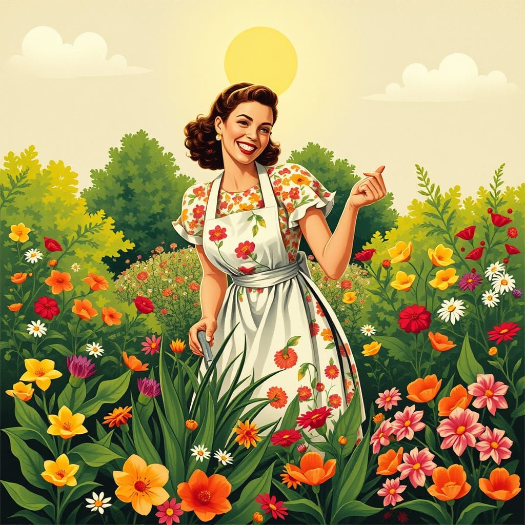 Springtime Garden Scene in Vintage Art Style