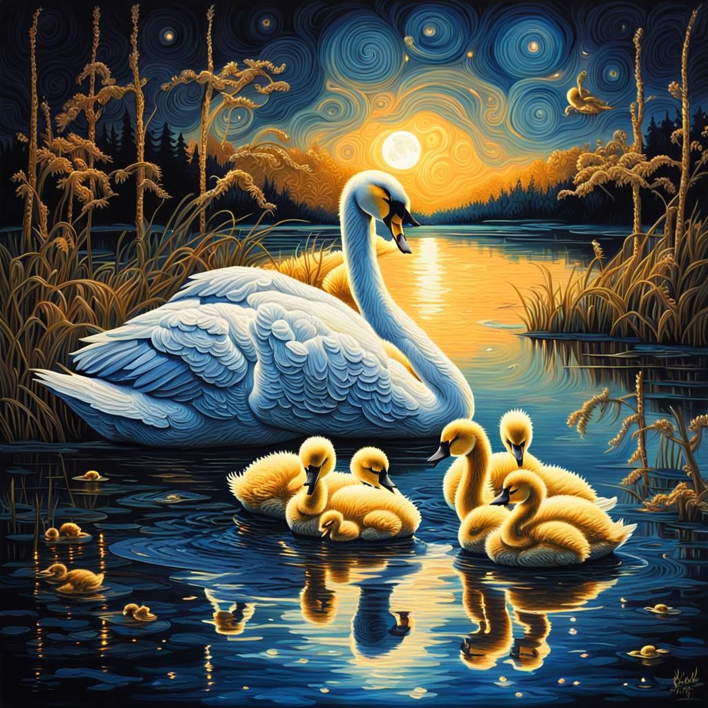 Mother Swan and Chicks on Moonlit Lake