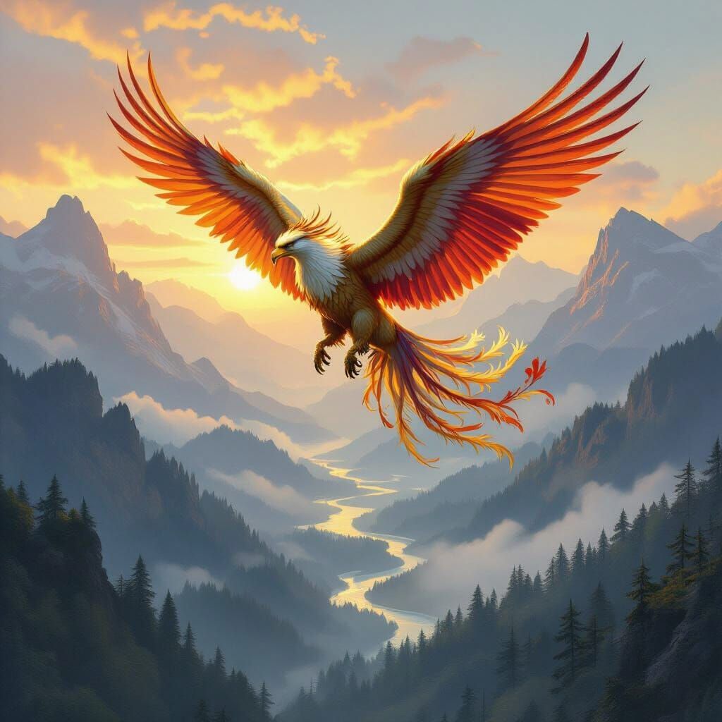 Majestic Griffin Soars Over Misty Mountains at Dawn