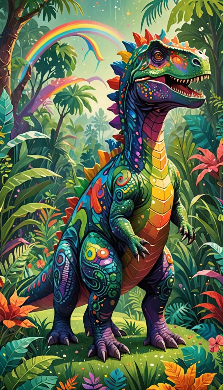 Whimsical Digital Art Dinosaur in Rainbow-Inspired Landscape