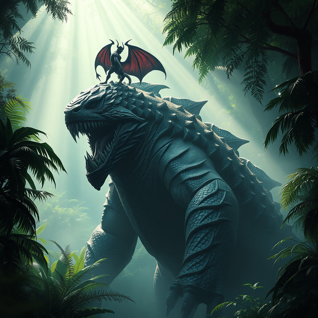 Monster and Devil in Dense Jungle, Dark Fantasy Art