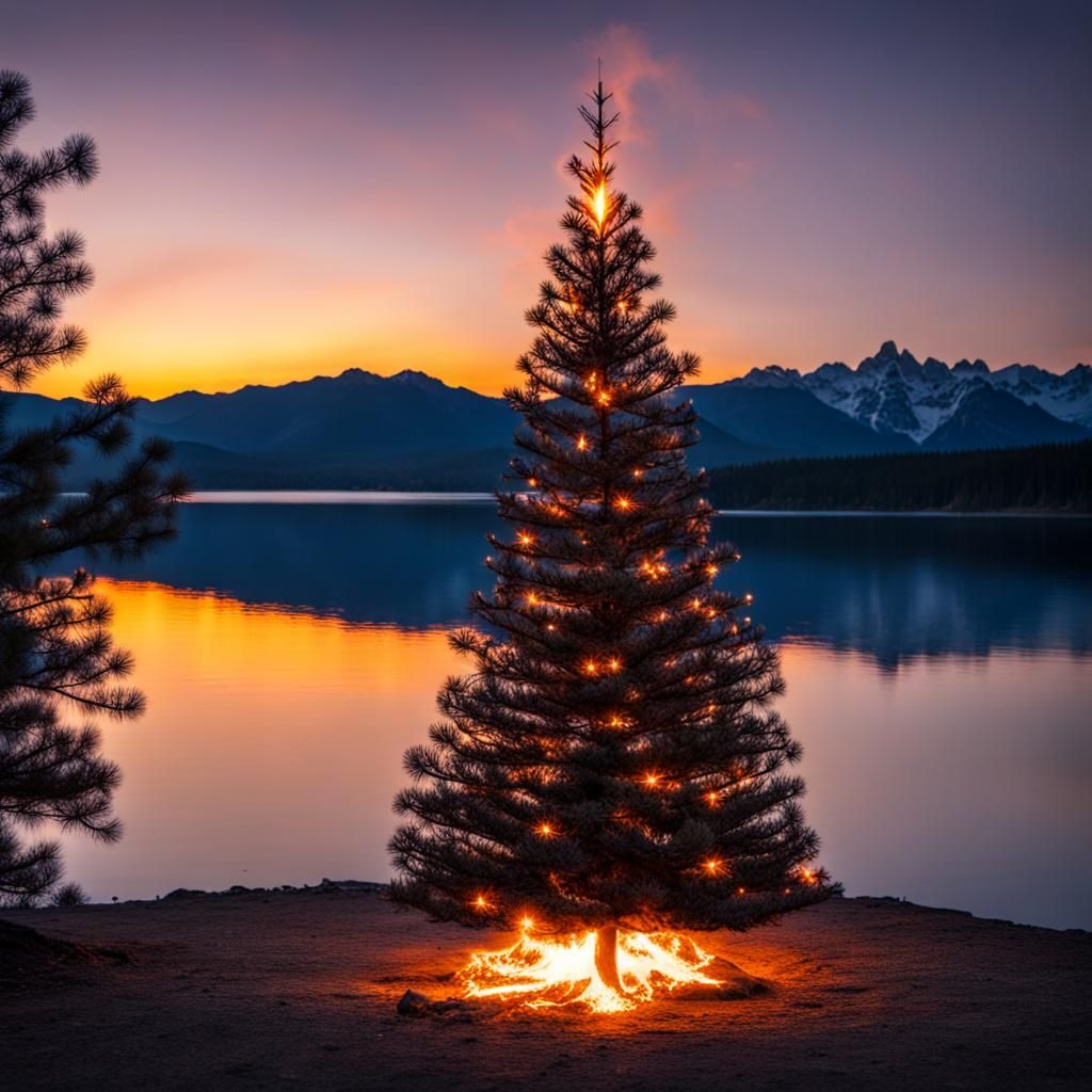 Burning Christmas Tree at Sunset Lake