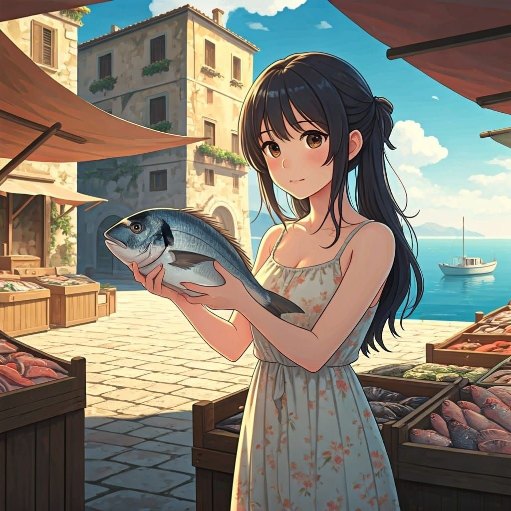 Italian Girl at Fish Market in Ghibli Style