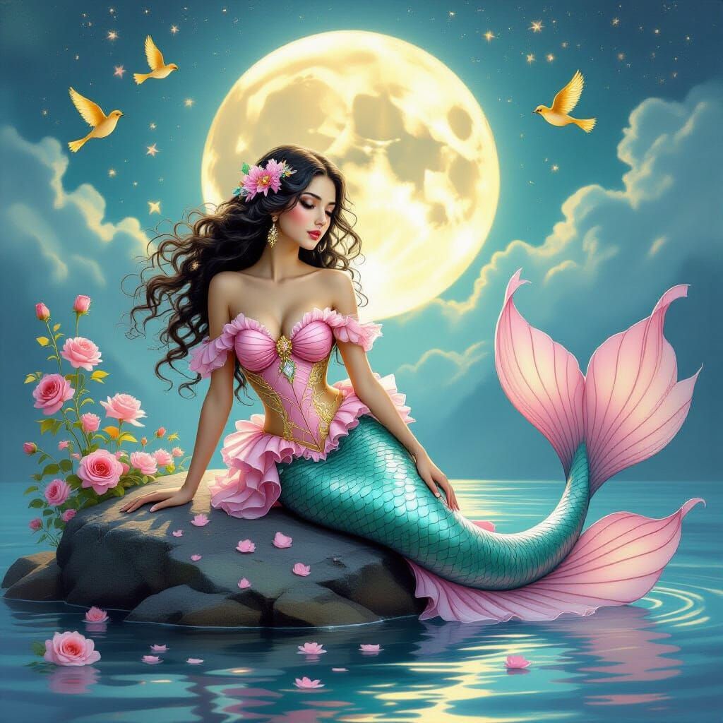 Mermaid Under the Moon in Airbrush Oil Painting Style