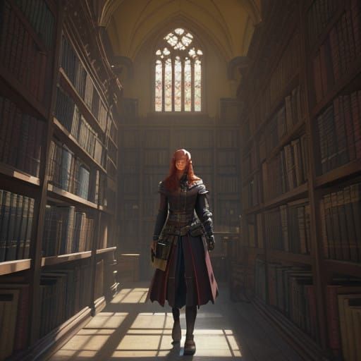 Gothic Library Goddess in Vibrant Red Hair