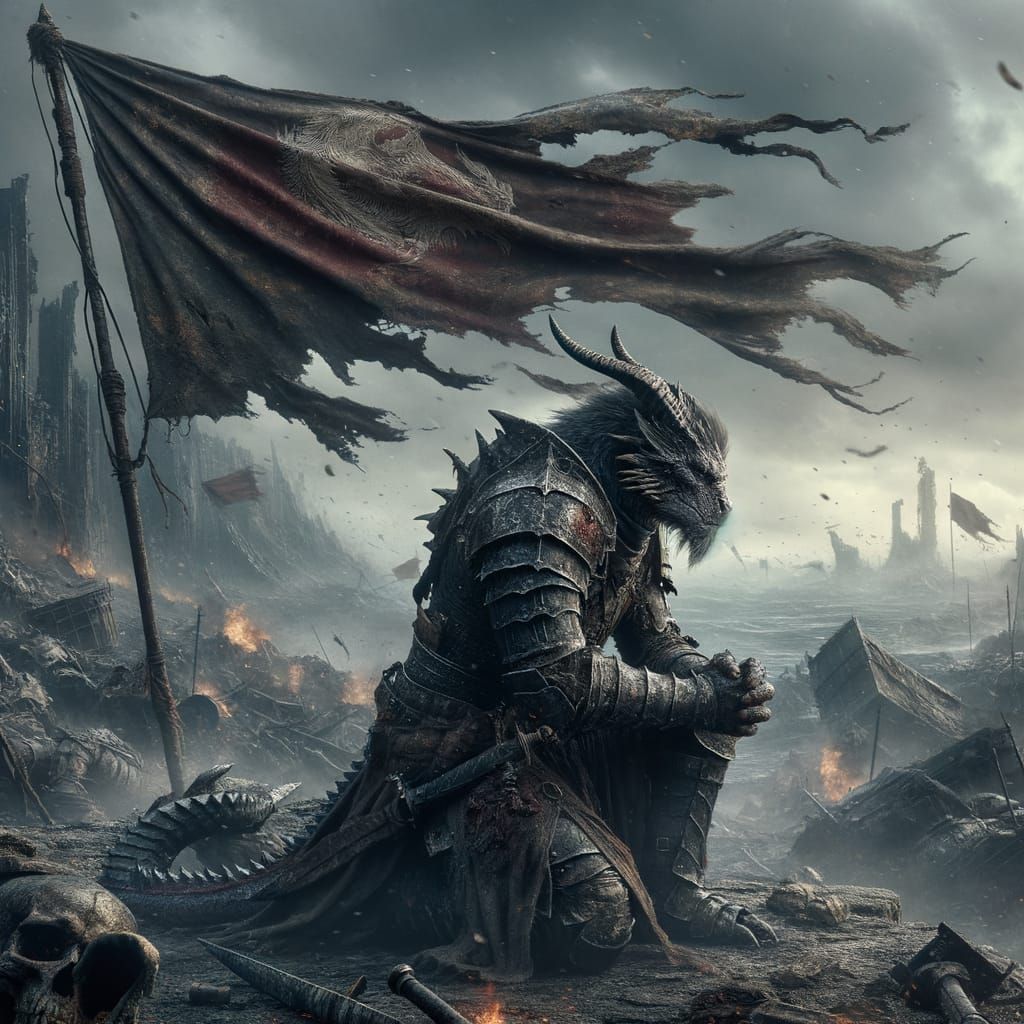 Dragonborn Knight Grieves on Ruined Battlefield