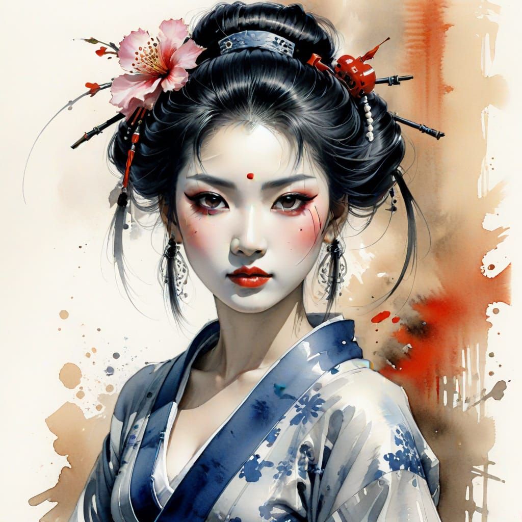Watercolor Geisha Sketch in Royo Style