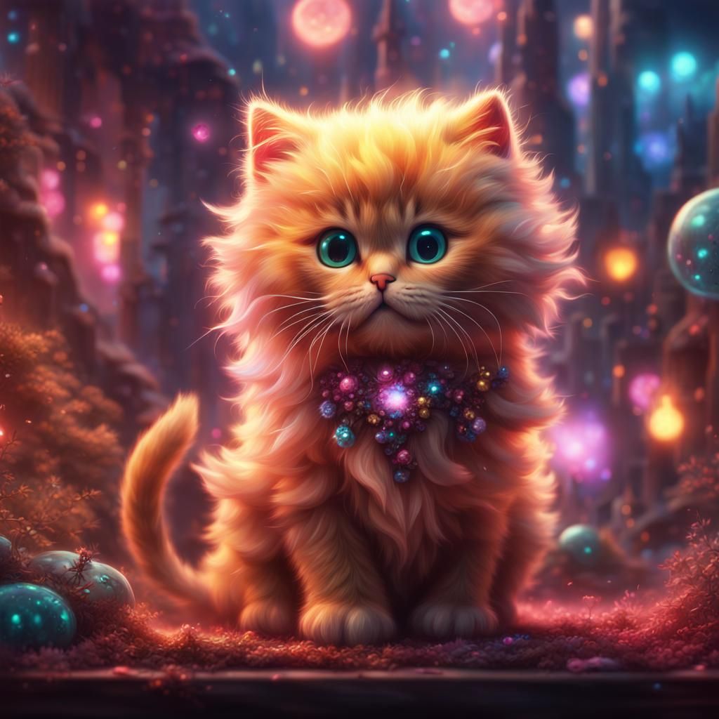 Sparkling Illuminated Fluffy Kitten: Digital Matte Painting